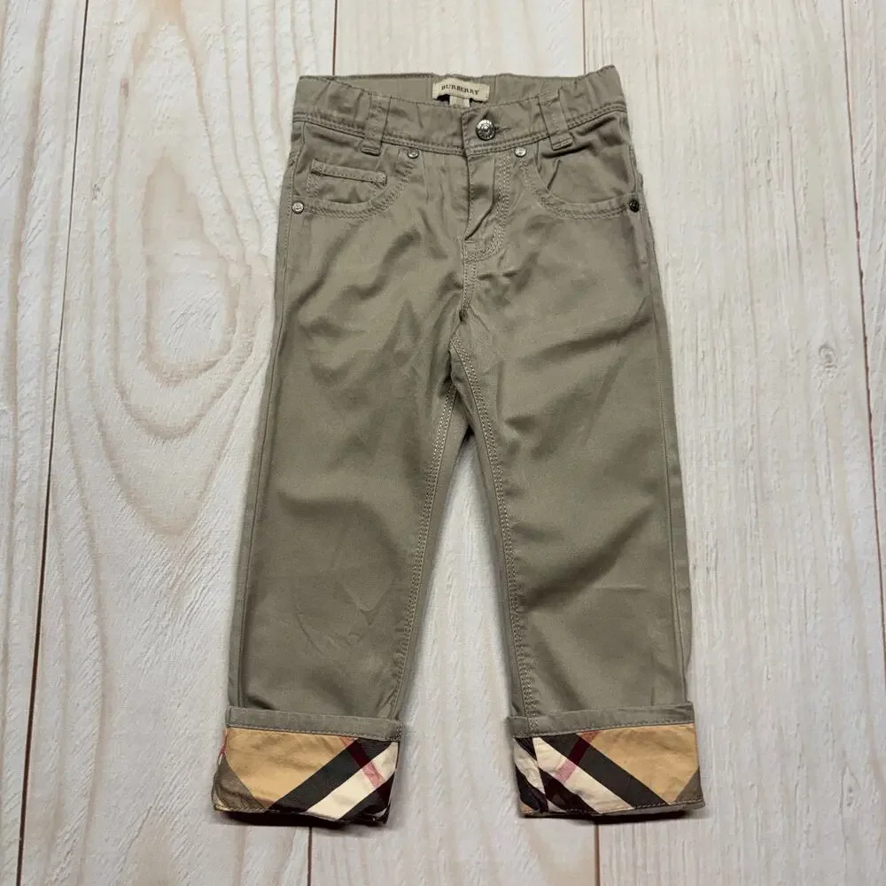 Burberry Khaki Pants Boys Size 3Y/94cm Beige Check Cotton Trousers Pattern Cuffs